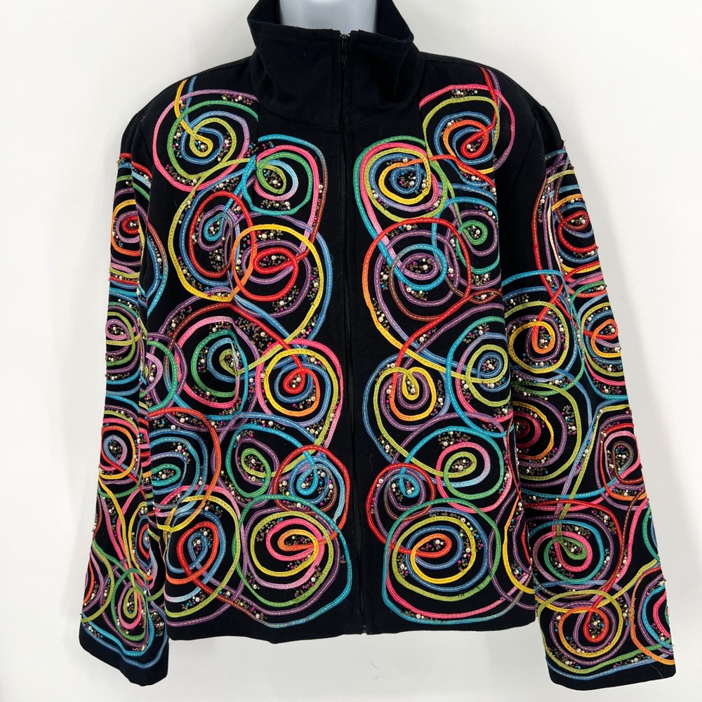 Vintage 90s Colorful Beaded Ribbon Jacket Black‎ Circus Jester Maximalist Bright